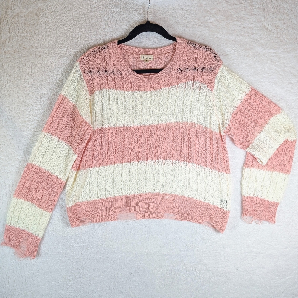 392-Nwot POL Women's Pink and Cream‎ Striped Sweater